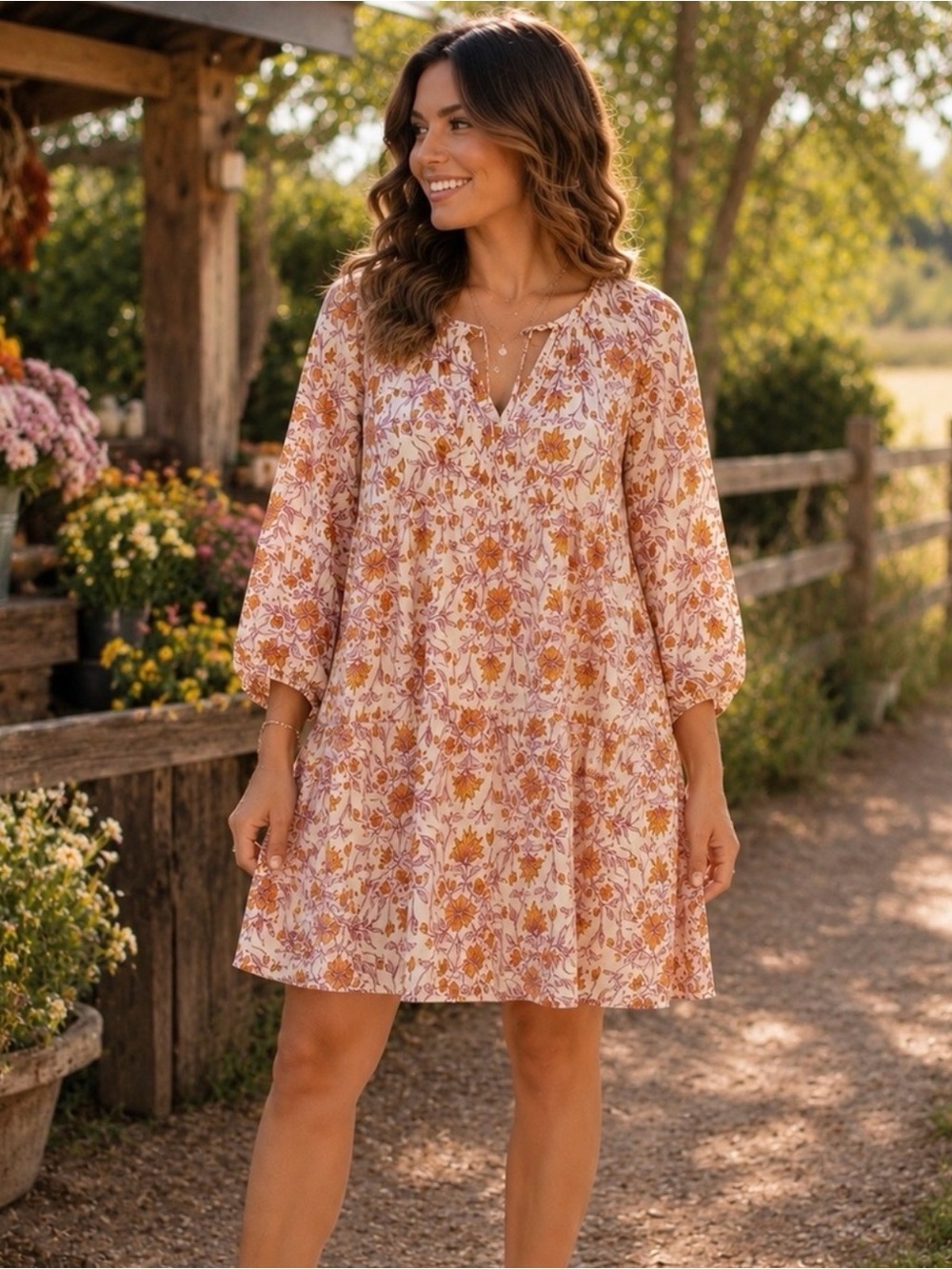 Universal Thread Floral Tiered Peasant Dress - Pink & Orange